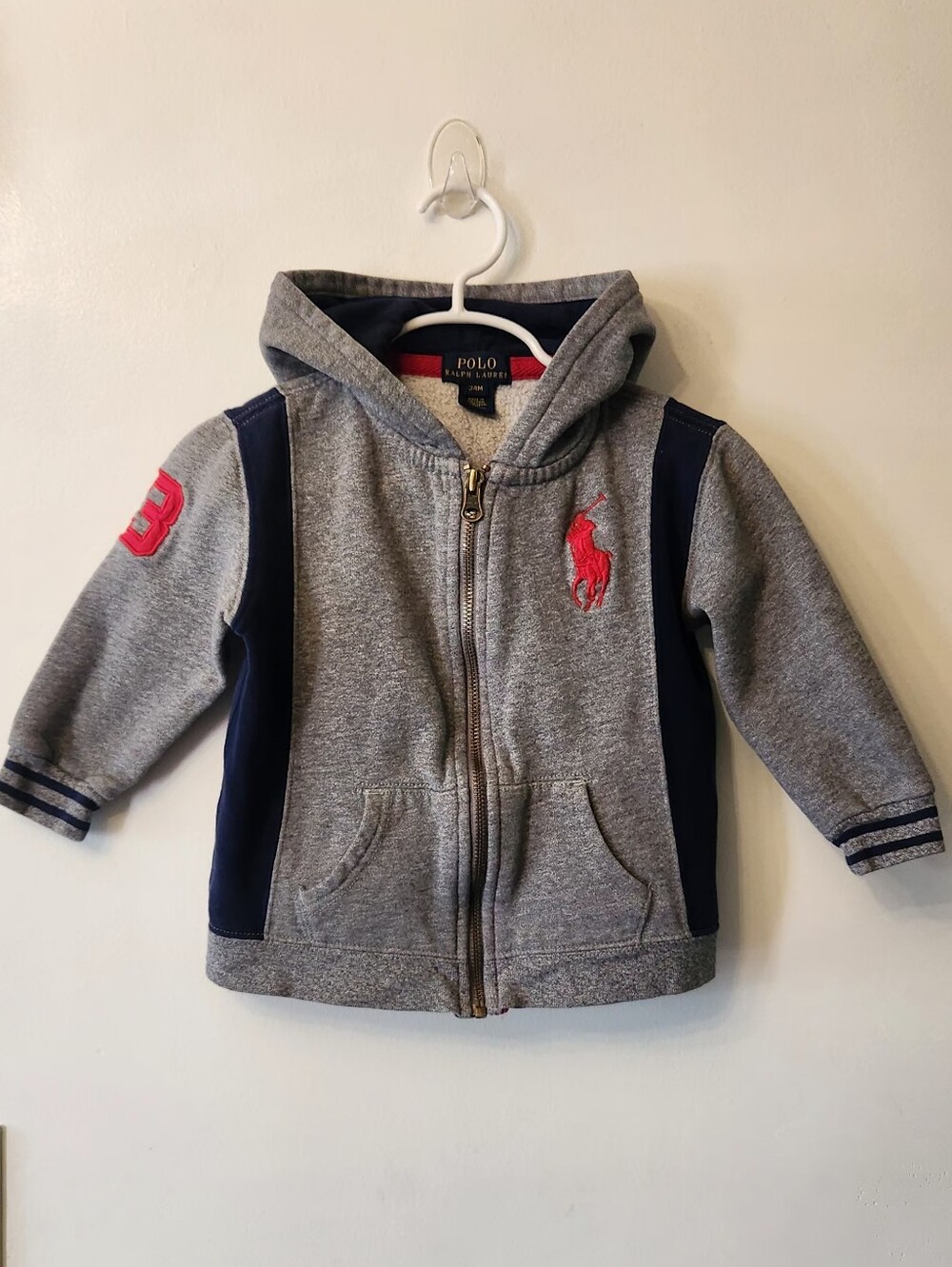 Polo by Ralph Lauren Gray & Navy Hooded Zip Sweatshirt with Red Logo Size 24mos
